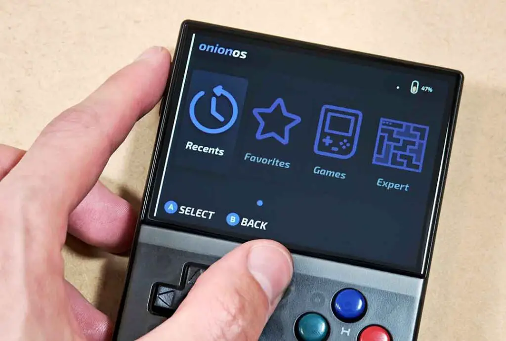 The Onion UI Menu + Volume Rocker button combo for screen brightness adjustment on the Miyoo Mini Plus.