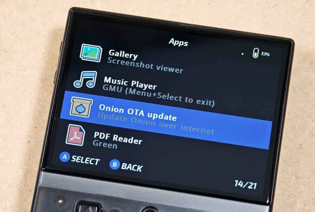 The Onion OTA Wi-Fi update option available on the Miyoo Mini Plus.