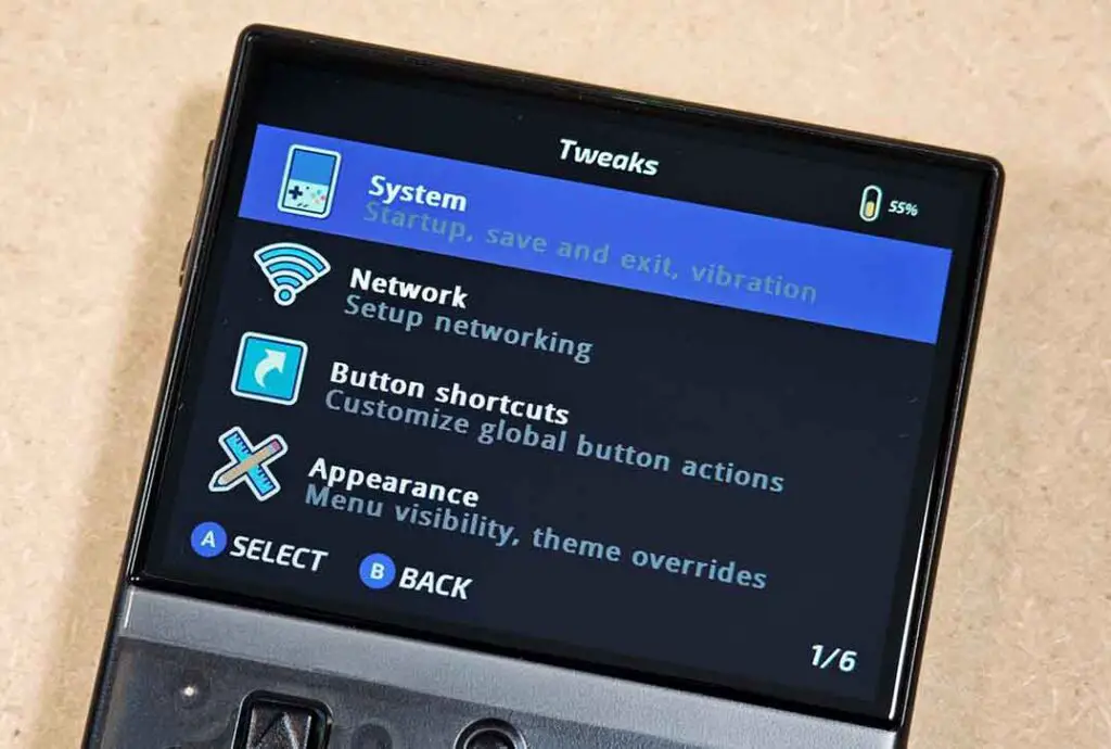 The Tweaks menu in Onion OS.