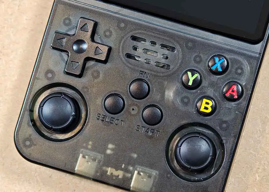R36S handheld front buttons seen from up close.