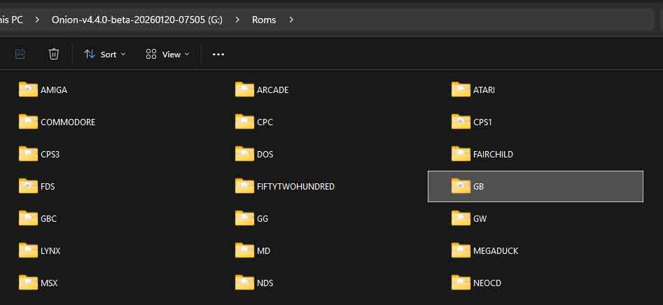 "Roms" folder contents with the separate system / game console folders visible - Onion OS microSD.