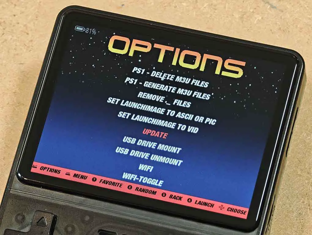 R36S options menu with the Update entry highlighted.