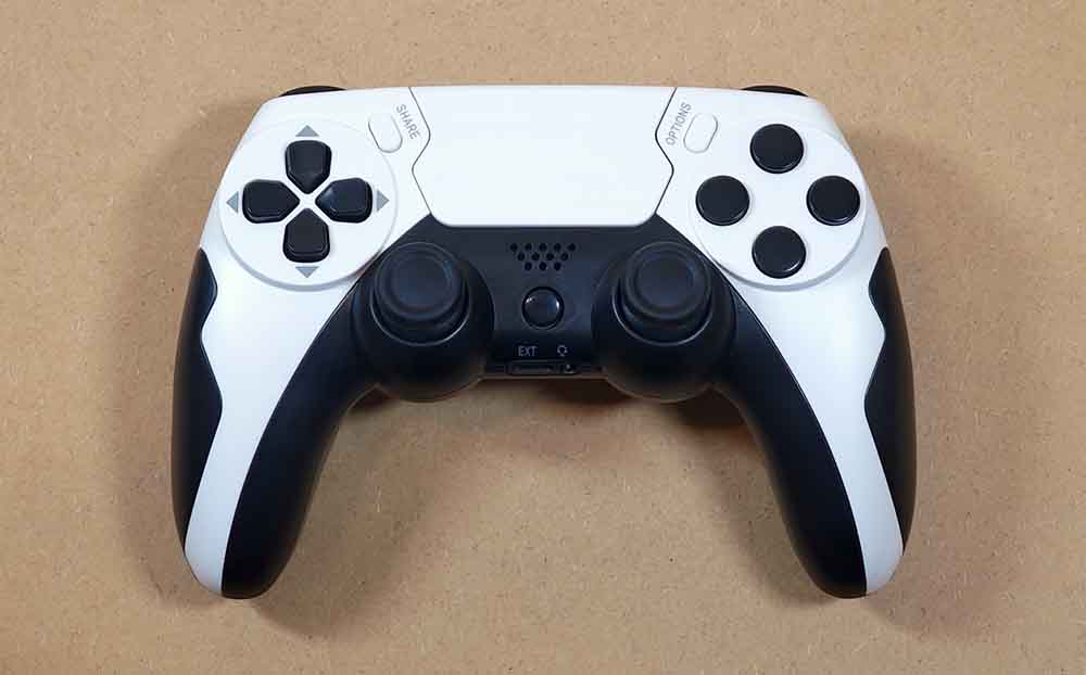 GAMINJA P48 PS5-style wireless gamepad in white and black viewed from the top.