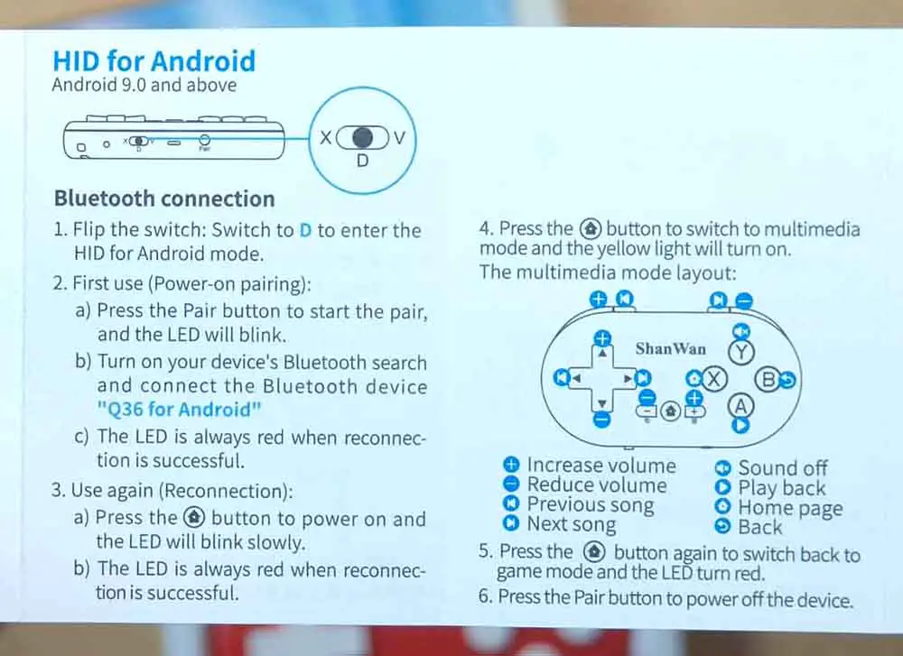 Button legend for the "HID for Android" mode on the Q36, taken from the instruction manual.