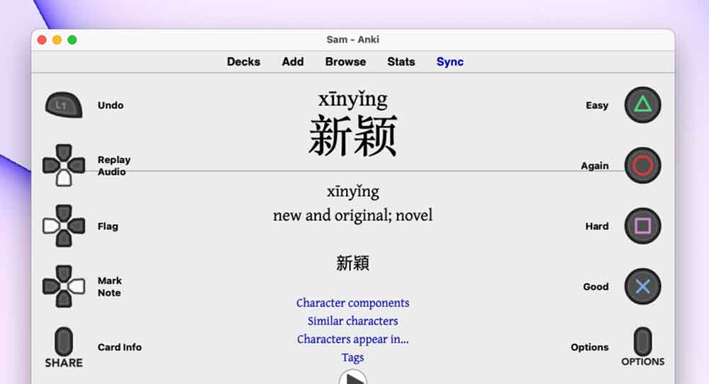 Example of using controller button assignments in Anki.