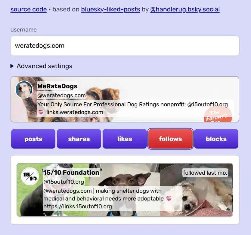 Bskyviewer interface with a Bluesky username field and profile preview.