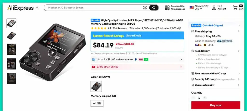 An example AliExpress product listing for the MECHEN M30 digital audio player.