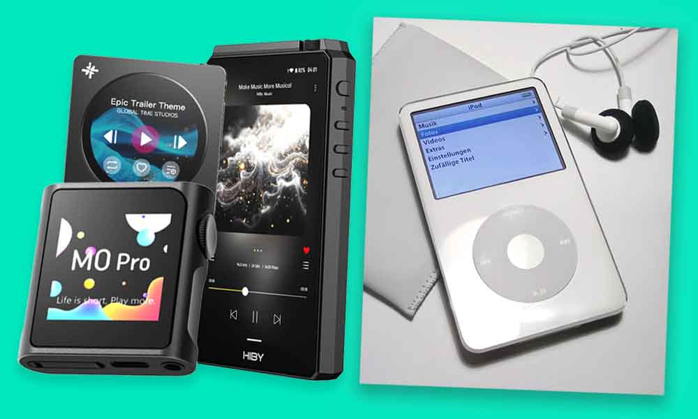 Modern digital audio players next to an older iPod.