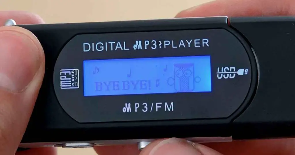 Close-up of the MP3 player clone display showing the goodbye off screen.