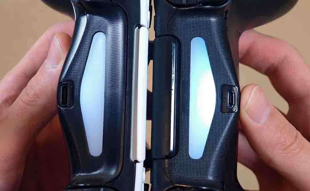 GAMINJA P48 and DataFrog controllers rear LED brightness comparison.