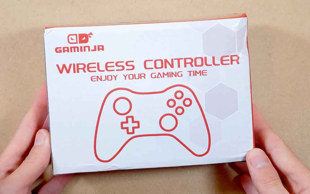 GAMINJA wireless controller retail box with generic red and white packaging.