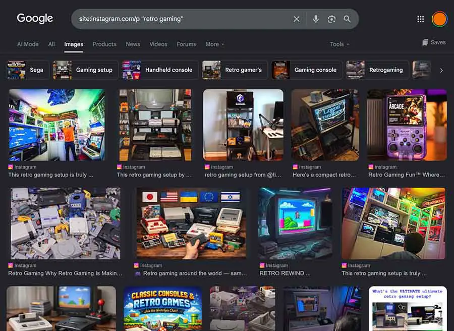 Google Images results filtered to public Instagram posts using a simple site search operator.