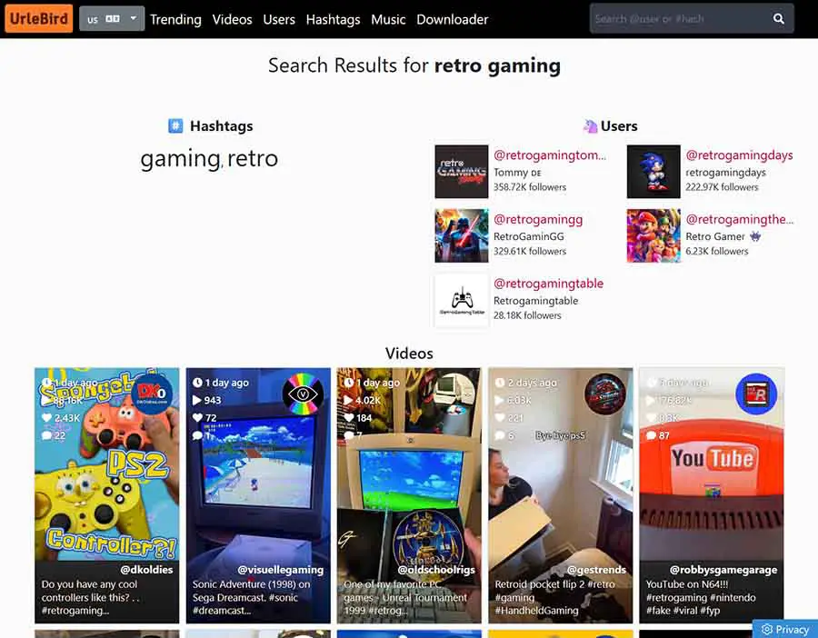 UrleBird search results page with TikTok hashtags, users and videos search example.