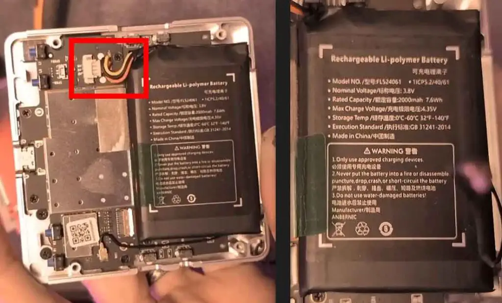 Close-up of the Anbernic RG Rotate internal battery label showing FL524061, 1ICP5.2/40/61, 3.8V, 2000mAh and 4.35V max charge voltage, as well as the 3-pin JST-GH battery connector.