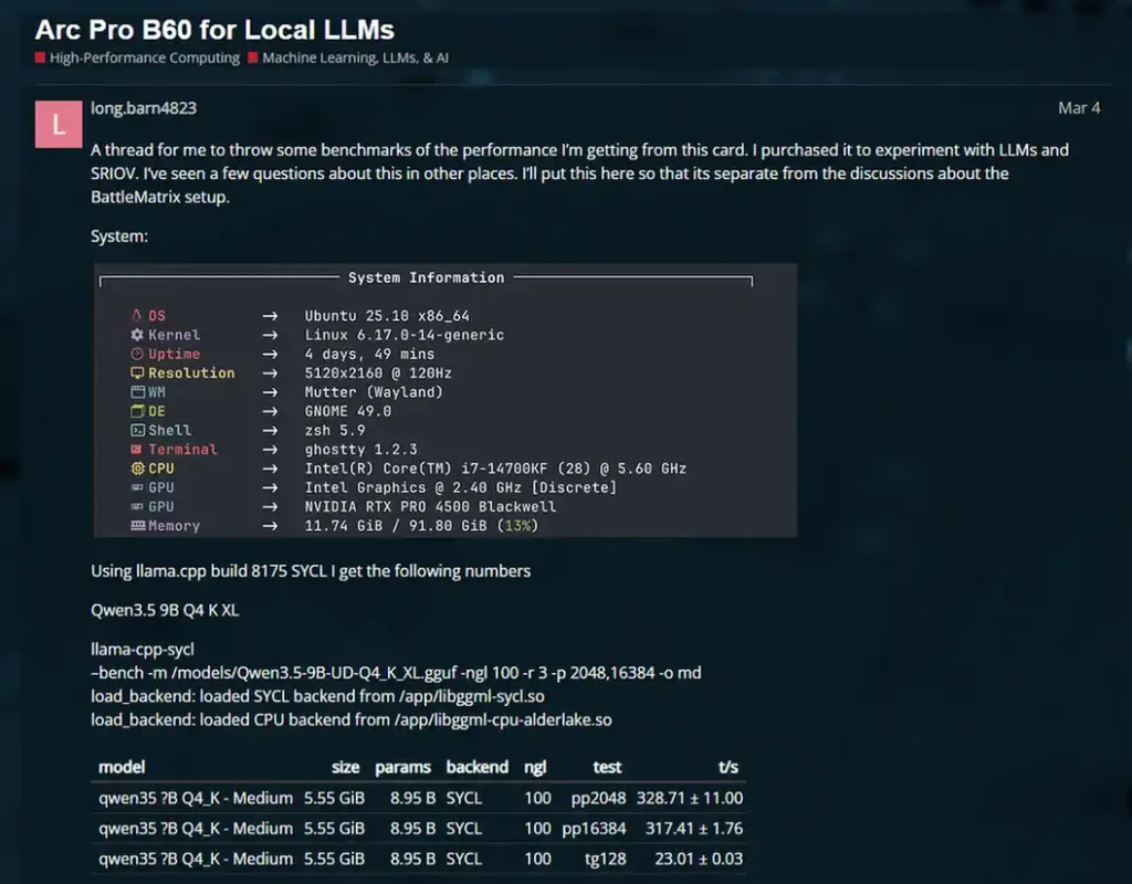 Level1Techs forum snapshot with the cited Intel Arc Pro B60 local LLM benchmark on Ubuntu with llama.cpp SYCL and Qwen3.5 9B results.