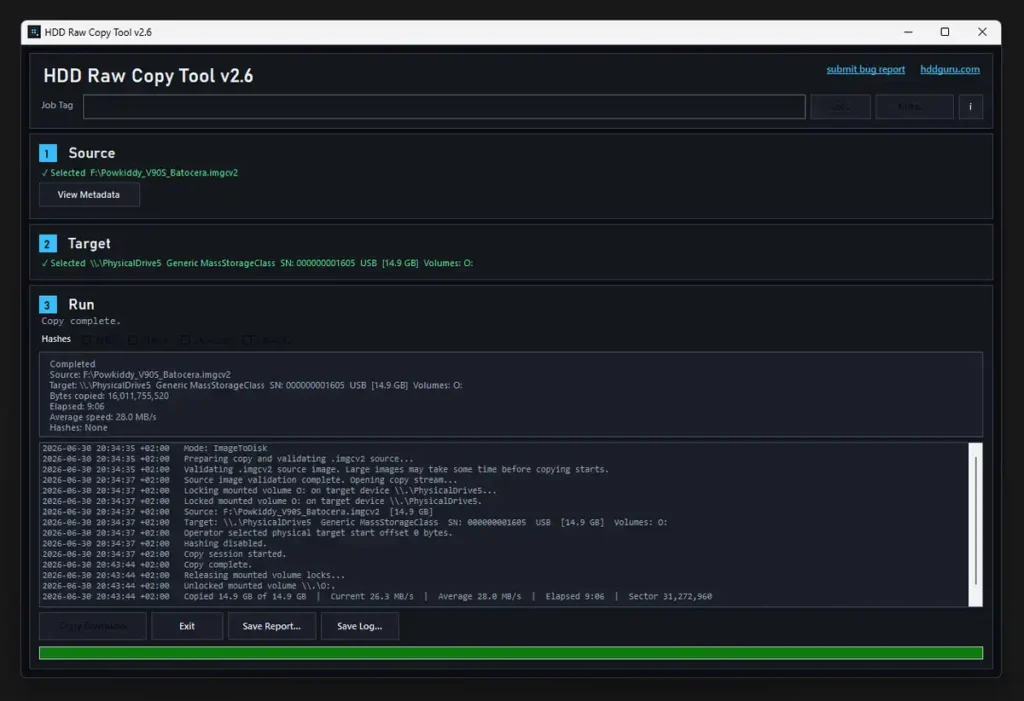 HDD Raw Copy Tool showing a completed IMGCV2 image-to-microSD restore.