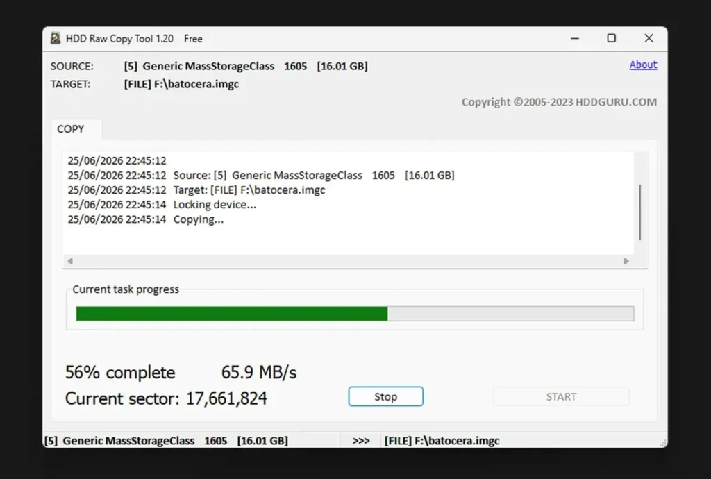 Legacy HDD Raw Copy Tool v1.20 creating an IMGC backup of our Batocera microSD card.