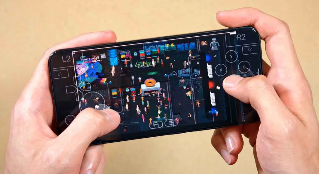 Xiaomi 14 smartphone running Party Hard via GameNative with on-screen touch controls.
