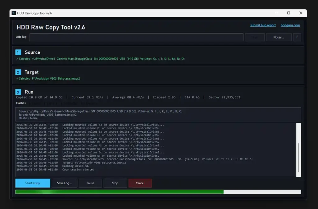 HDD Raw Copy Tool copying a Powkiddy V90S Batocera microSD card into an IMGCV2 backup file.
