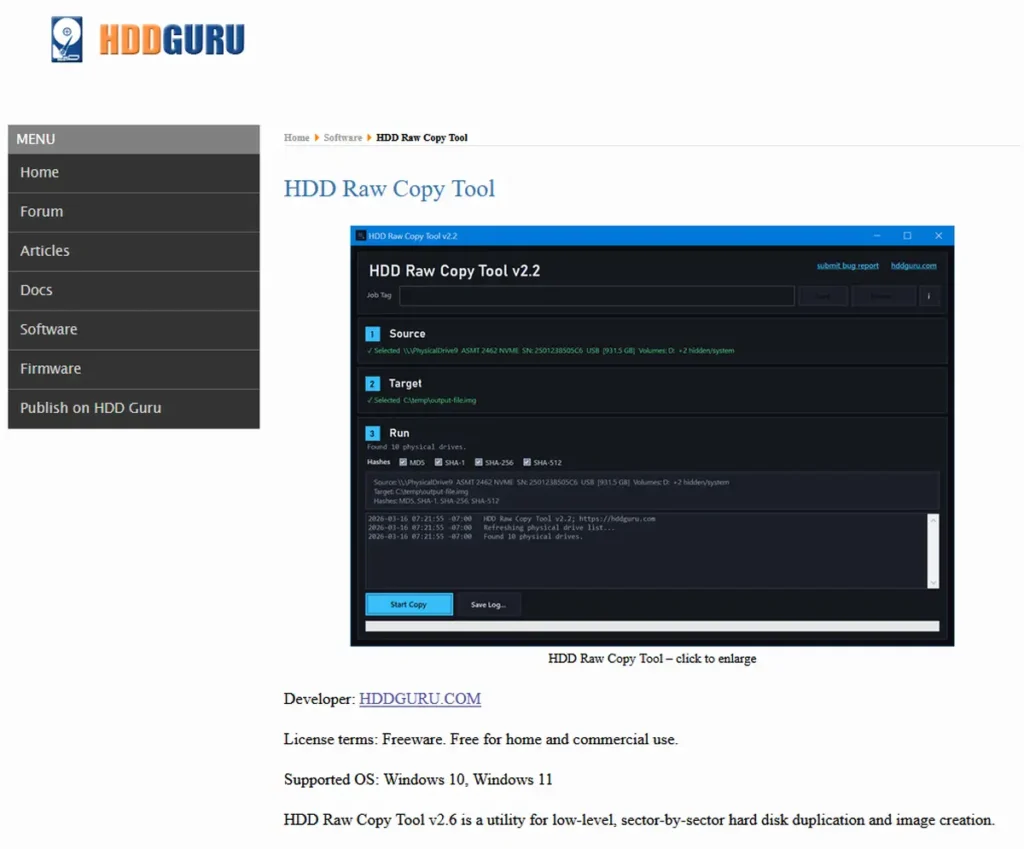 Official HDDGURU website with the HDD Raw Copy Tool software.