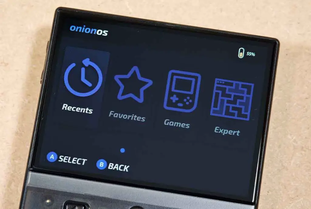 Onion OS main menu open on the Miyoo Mini Plus.