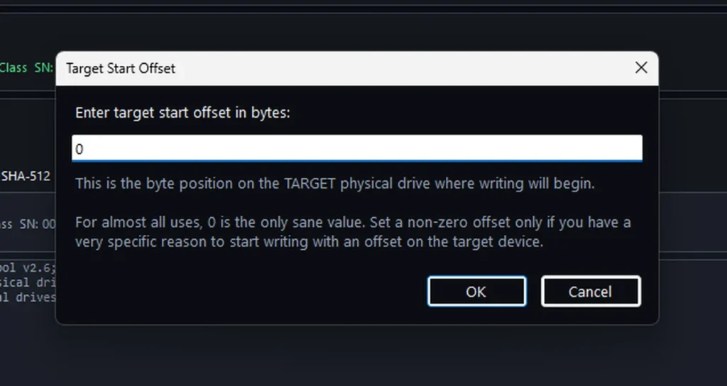 HDD Raw Copy Tool Target Start Offset dialog with the default value set to 0 bytes.