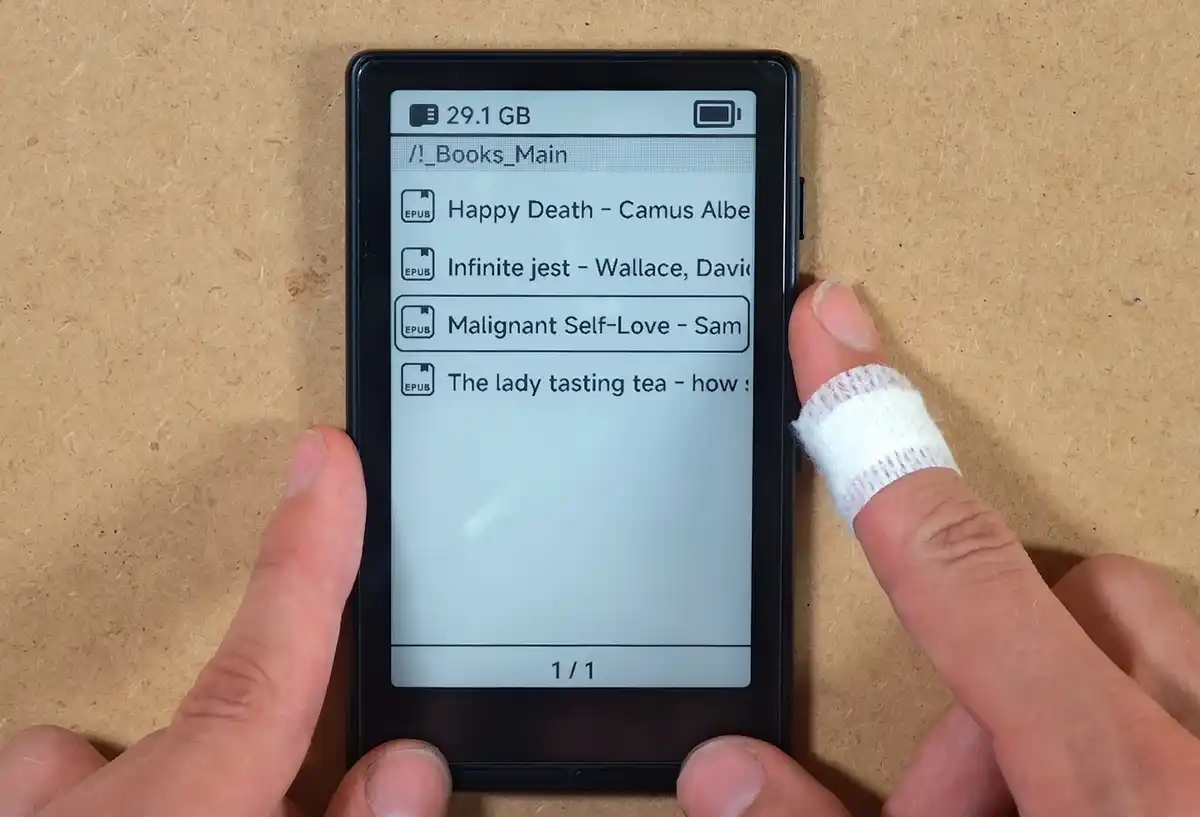 Stock firmware folder view showing EPUB books on the microSD card.