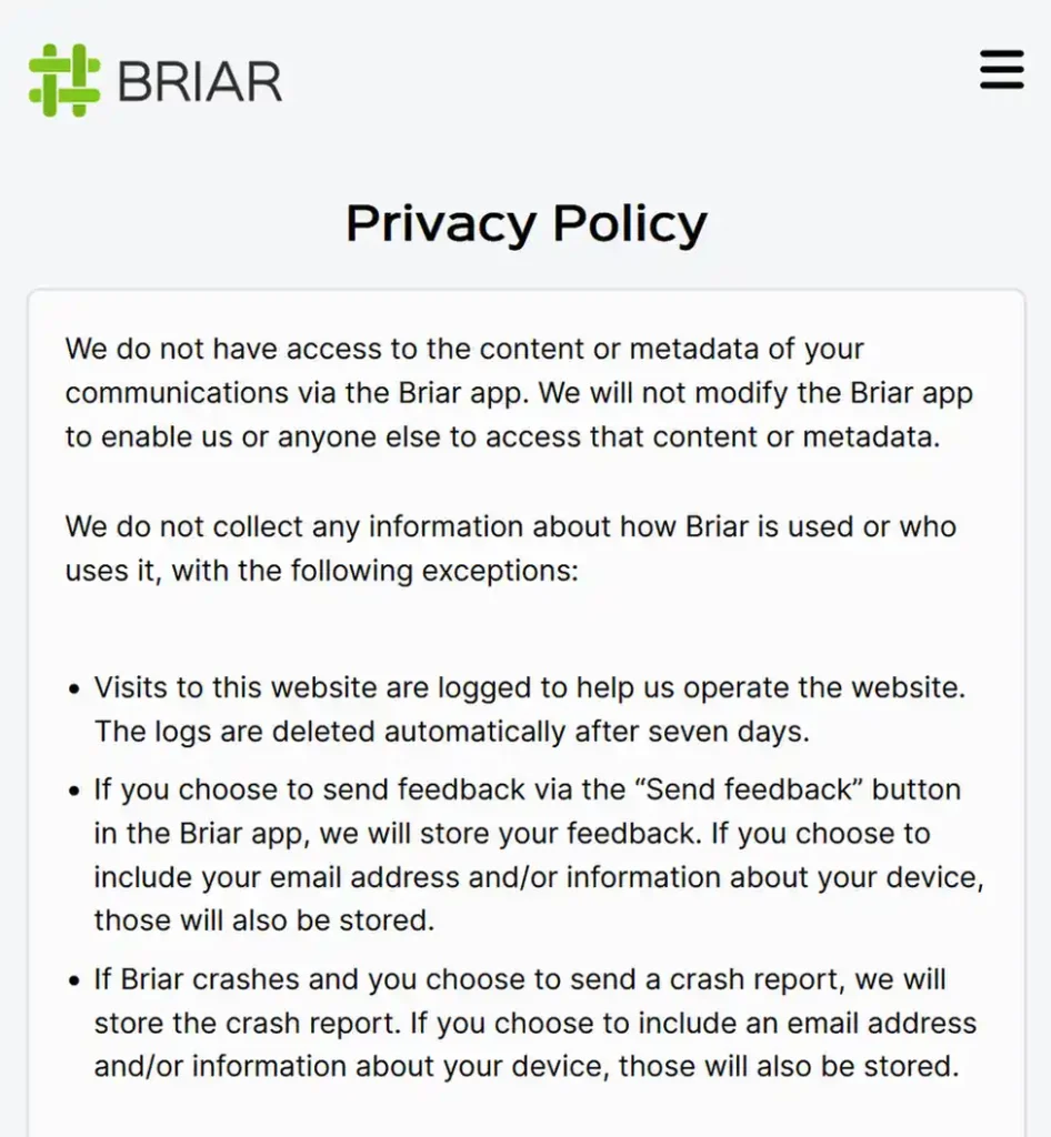 Briar privacy policy stating that the project cannot access message content or communication metadata.