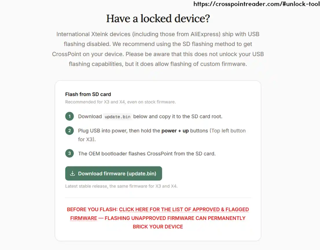 The CrossPoint unlock tool page explaining SD card flashing for locked Xteink devices.