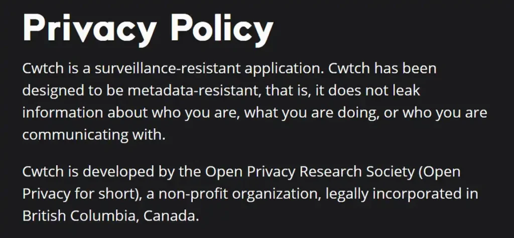 Cwtch privacy policy describing its metadata-resistant, surveillance-resistant design.