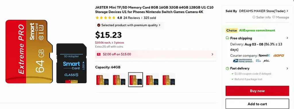 AliExpress listing for the Jaster 64GB Class 10 U1 microSD card.