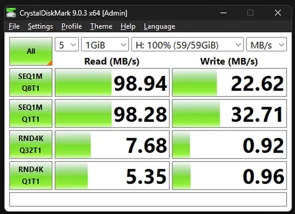 CrystalDiskMark results for the Jaster 64GB microSD card.