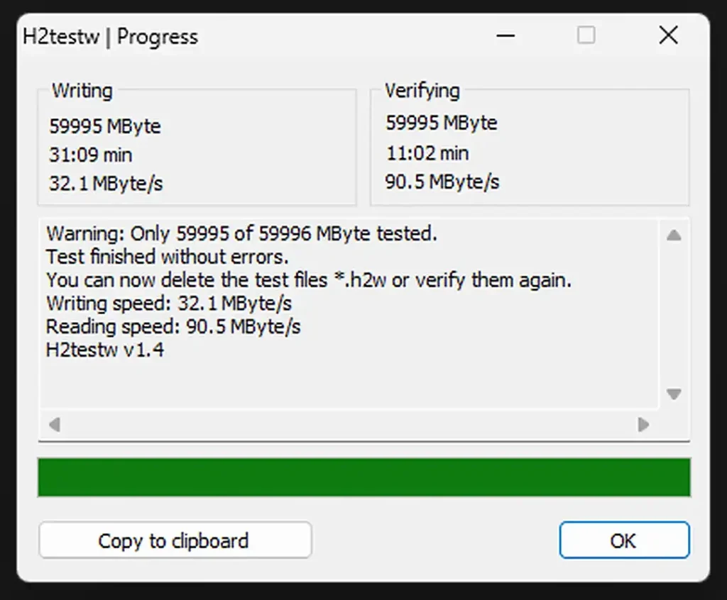 H2testw capacity test results for the Jaster 64GB microSD card.