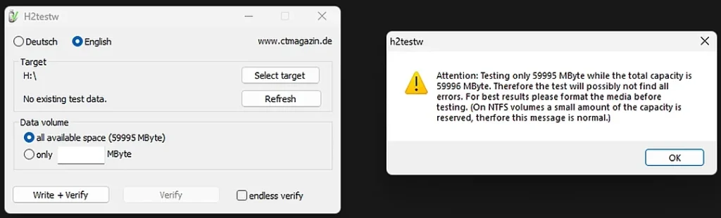H2testw warning for the Jaster card.