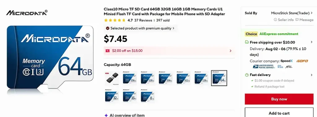 AliExpress listing for the Microdata 64GB microSD card