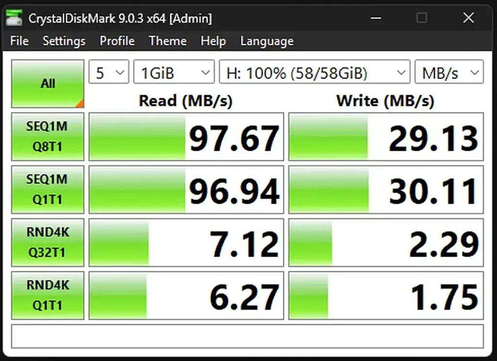 CrystalDiskMark results for the Microdata 64GB microSD card.
