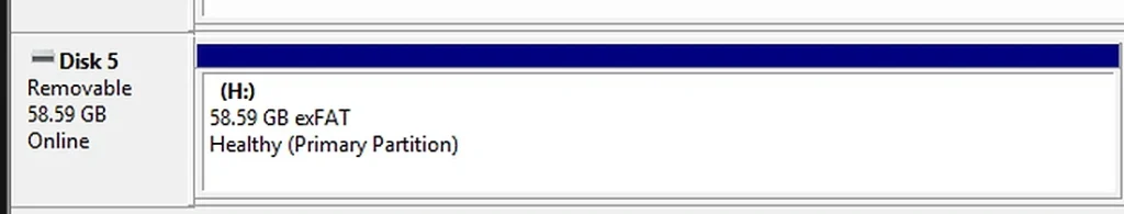 Windows Disk Management showing the Microdata 64GB microSD card as a 58.59GB exFAT volume
