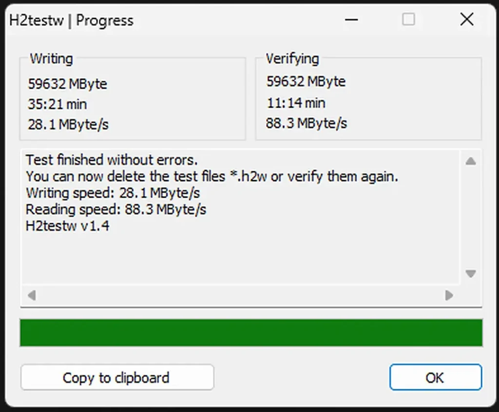 H2testw capacity test results for the Microdata 64GB microSD card
