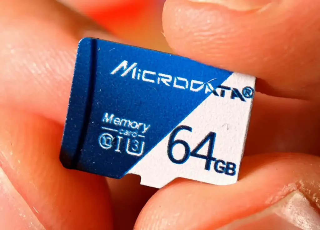 Front of the tested blue and white Microdata 64GB microSD card.