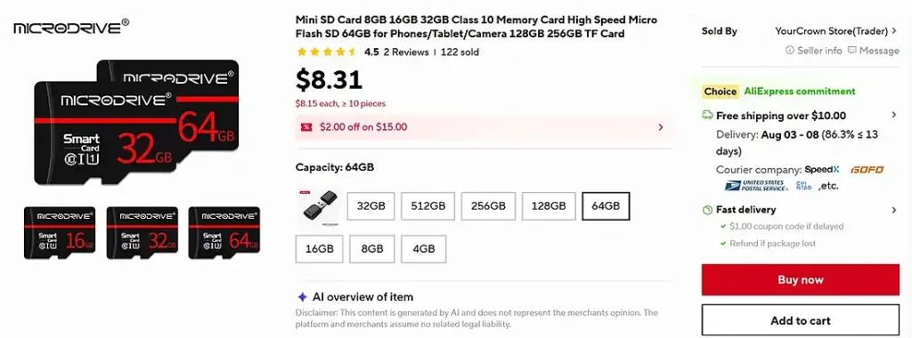 AliExpress listing for the Microdrive 64GB Class 10 U1 microSD card
