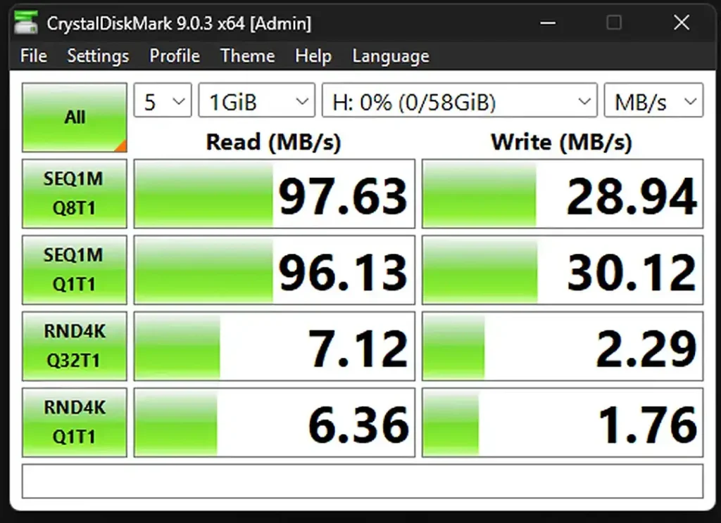 CrystalDiskMark results for the Microdrive 64GB microSD card.
