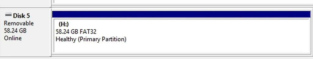 Windows Disk Management showing the Microdrive 64GB microSD card as a 58.24GB FAT32 volume.