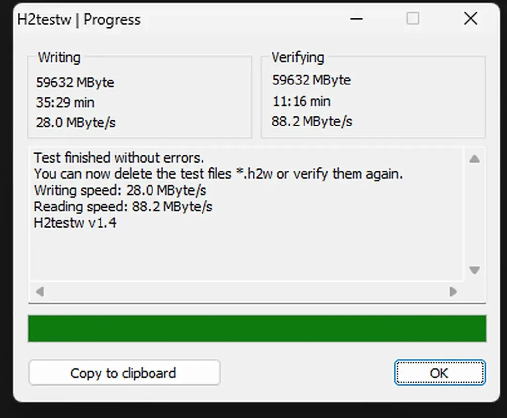 H2testw capacity test results for the Microdrive 64GB microSD card.