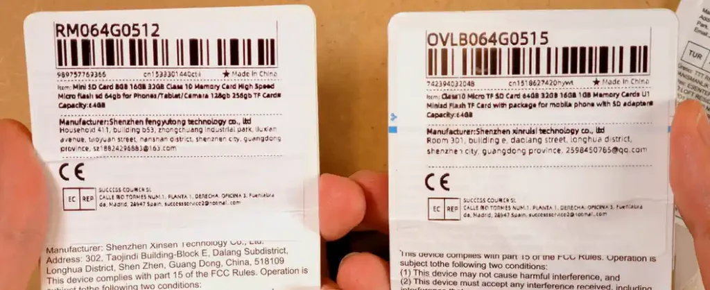 Conflicting manufacturer labels on the Microdrive and Microdata microSD packaging.