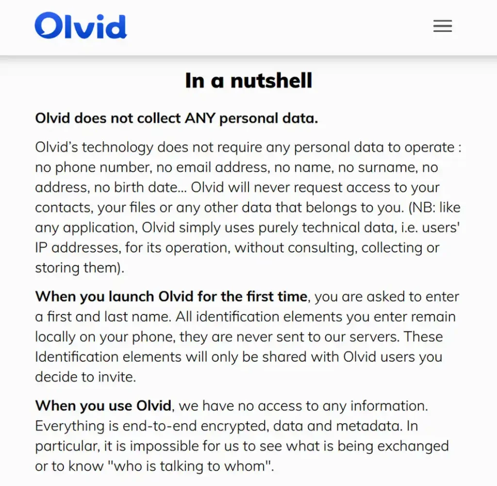 Olvid privacy policy stating that no phone number, email address or address-book access is required.