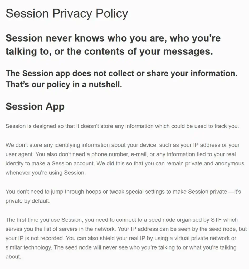 Session privacy policy stating that accounts do not require a phone number or email address.