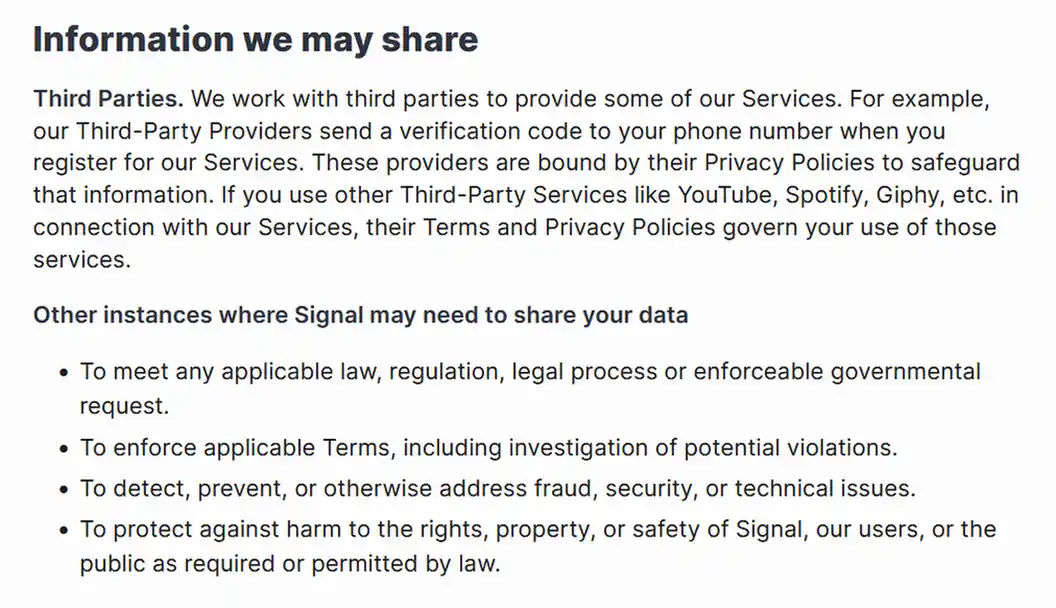 Signal privacy policy section listing third-party services and circumstances in which it may share data.