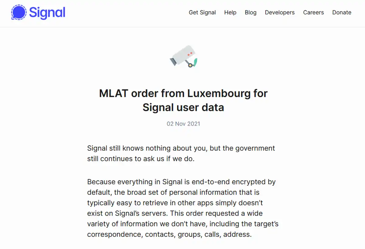 Signal government requests page showing a 2021 order from Luxembourg for user data.