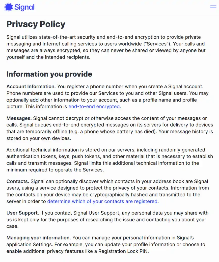 Signal privacy policy stating that messages and calls are end-to-end encrypted and registration requires a phone number.