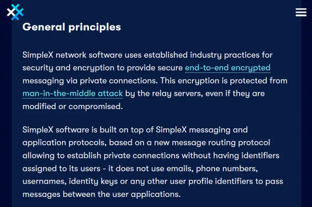 SimpleX privacy policy explaining end-to-end encryption and messaging without global user identifiers.